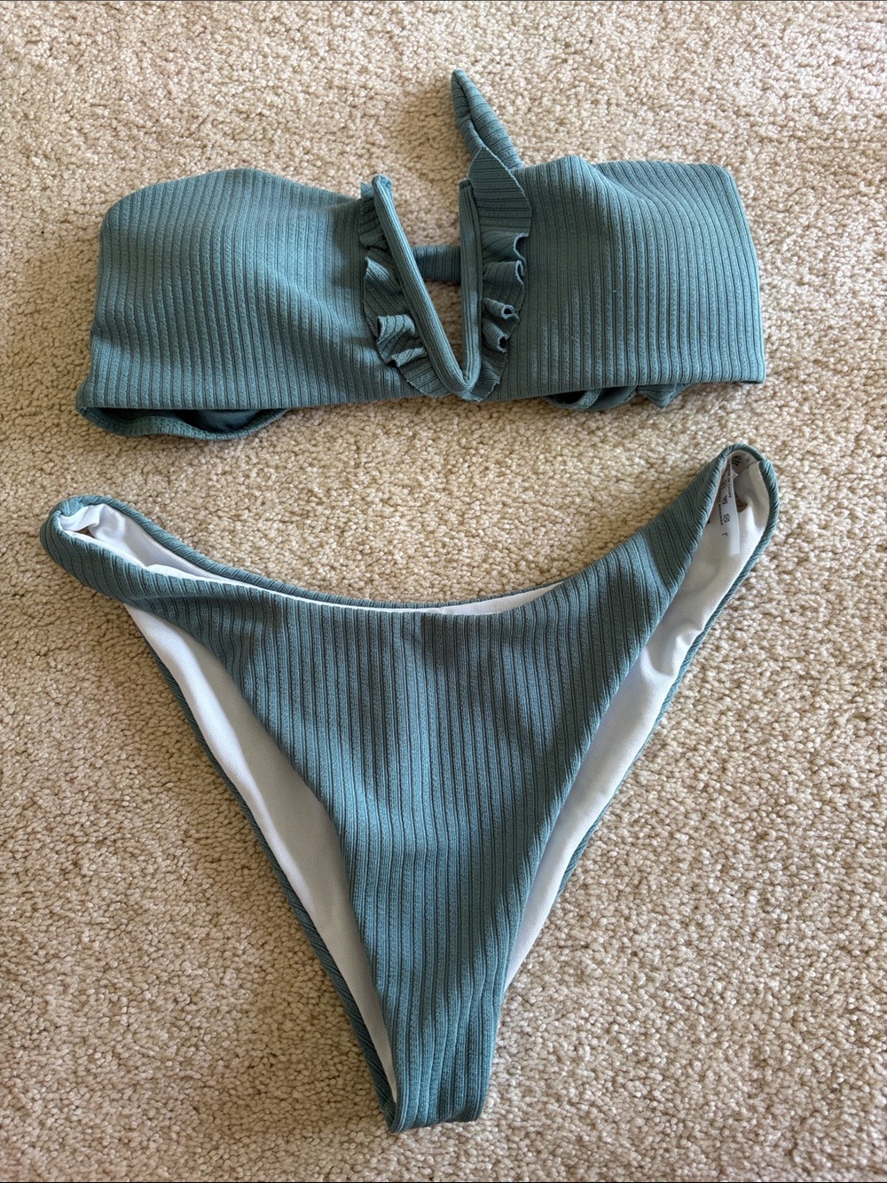 SHEIN Ribbed Bandeau Bikini Set in Dusty Teal